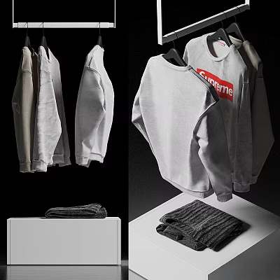 Gray Casual Clothes Including Supreme Logo Sweaters Hanging And Folded Knitwear For Everyday Wear 3d model