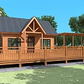 Log Cabin With Black Roof Stone Chimney Wooden Deck Surrounded By Trees Under Blue Sky