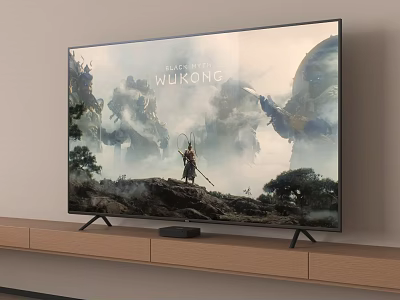 Smart TV Displaying Black Myth Wukong Mountain Tree Cloud Landscape On Wooden TV Stand 3d model