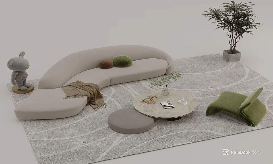Modern Curved Beige Sofa Coffee Table Set With Round Table Green Cushions And Grey Rug 3d model 