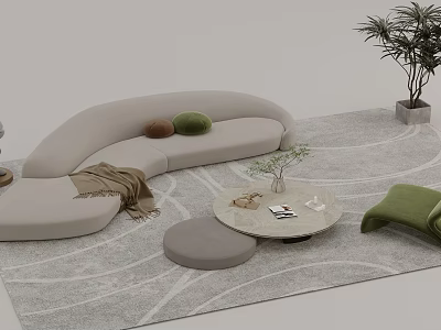 Modern Curved Beige Sofa Coffee Table Set With Round Table Green Cushions And Grey Rug 3d model