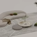 Modern Curved Beige Sofa Coffee Table Set With Round Table Green Cushions And Grey Rug