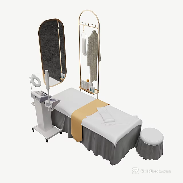 Modern Massage Bed With White Sheet Yellow Runner Stool And Beauty Equipment 3d model 