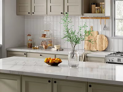 Modern Kitchen Interior Design With Marble Countertop Island Cabinets Vase And Fruits 3d model