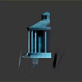3D Blue Domed Building Model With Columns Steps Blue Cloud Like Objects On Dark Background