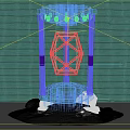 Silver Metal Art Installation With Central Digital Screen Showing Blue Pattern And Water Wave Background