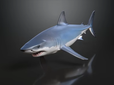 Great White Shark Model With Open Mouth Sharp Teeth On Dark Background And Reflection 3d model