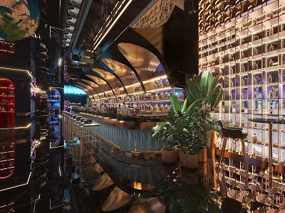 Elegant Modern Bar Interior With Stylish Bar Counter Wine Racks Ambient Lighting And Green Plants 3d model