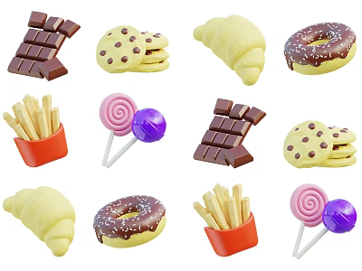 Cute Decorative Ornament Set With Chocolate Cookies Croissants Donuts Fries And Lollipops 3d model