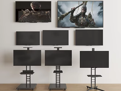 Multiple Televisions Mounted On Wall And On Stands Displaying Various Scenes 3d model