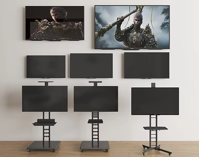 Multiple Televisions Mounted On Wall And On Stands Displaying Various Scenes 3d model
