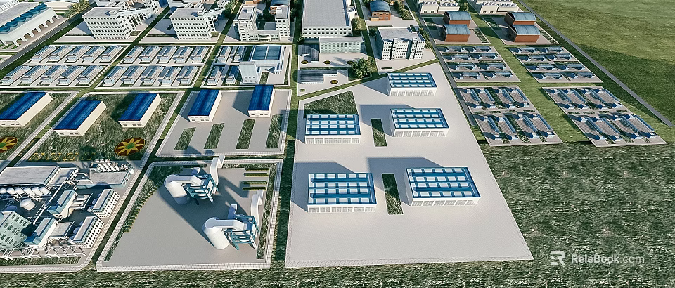 Modern Industrial Factory Buildings Aerial View with Blue Roof Green Area and Organized Layout 3d model 