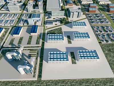 Modern Industrial Factory Buildings Aerial View with Blue Roof Green Area and Organized Layout 3d model