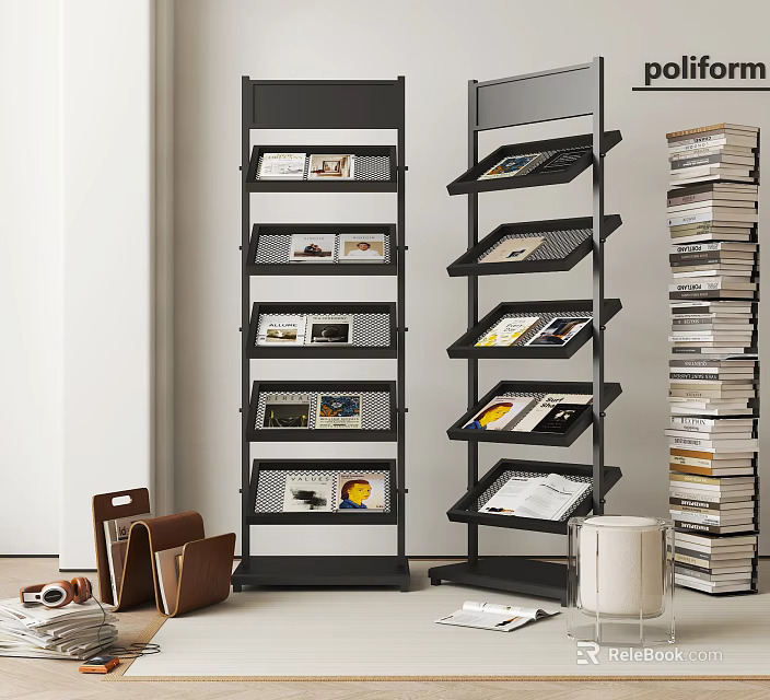 Books And Magazines On Black Display Racks With Stacked Books In Modern Interior 3d model 