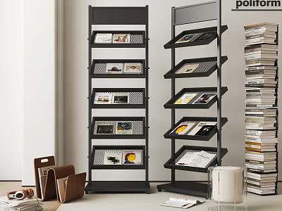Books And Magazines On Black Display Racks With Stacked Books In Modern Interior 3d model