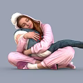 A Woman In Pink Onesie Hugging Shark Plush Toy Sitting Comfortably On Floor