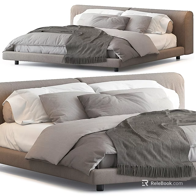 Modern Double Bed With Neutral Gray Bedding Soft Blanket And Decorative Pillows 3d model 