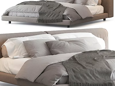 Modern Double Bed With Neutral Gray Bedding Soft Blanket And Decorative Pillows 3d model