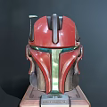 Mechanical Sci Fi Helmet Display With Wooden Base And Metallic Details