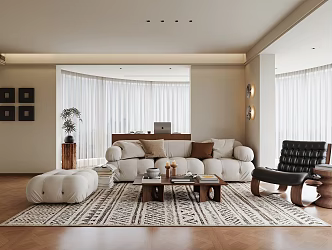 Middle Ancient Living Room Sofa Coffee Table Combination Middle Ancient Hanging Picture Wall Lamp Leisure Sofa Chair Middle Ancient Green Plant Herringbone Floor 3d model