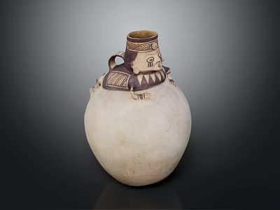 Handcrafted Cream Colored Clay Vase With Brown Decorative Patterns And Handles For Home Decoration 3d model