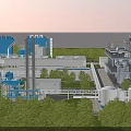 Industrial Plant Facility With Storage Tanks Tall Towers And Green Trees Near Seaside