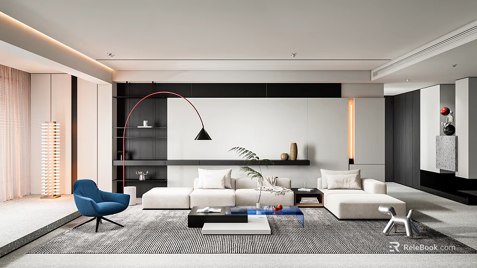 Modern Living Room Interior With White Sofa Red Floor Lamp Coffee Table Rug And Decorative Plant 3d model 