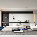 Modern Living Room Interior With White Sofa Red Floor Lamp Coffee Table Rug And Decorative Plant