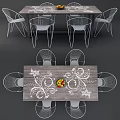 Modern Dining Table Set With Wooden Tabletop White Patterns And Wireframe Chairs 3d model