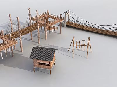 Wooden Rope Bridge With Small Wooden House And Swings In Outdoor Setting 3d model