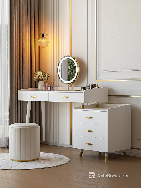 White Dressing Table with Gold Handles Round Mirror Vase and Cosmetics in Modern Interior 3d model 