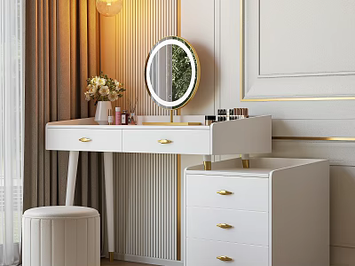 White Dressing Table with Gold Handles Round Mirror Vase and Cosmetics in Modern Interior 3d model