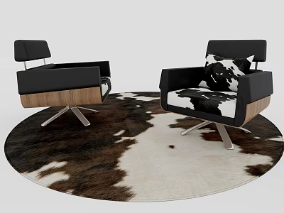 Modern Black Single Sofa With Wooden Armrests And Metal Legs On Round Cowhide Rug 3d model