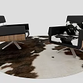 Modern Black Single Sofa With Wooden Armrests And Metal Legs On Round Cowhide Rug