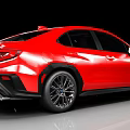 Red Sporty Subaru Sedan With Black Wheels And Sharp Front Design
