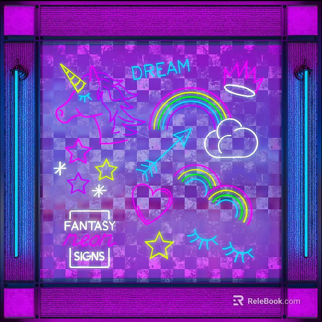 Neon Fantasy Decorative Lights With Unicorn Rainbow Cloud Stars And Hearts On Purple Checkerboard 3d model 