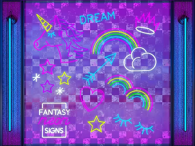 Neon Fantasy Decorative Lights With Unicorn Rainbow Cloud Stars And Hearts On Purple Checkerboard 3d model