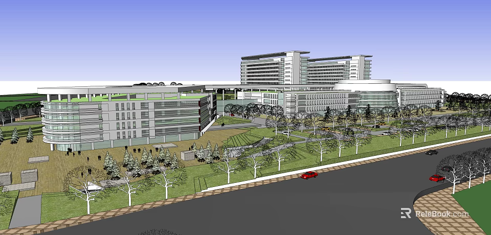 Modern Building Complex With Green Landscape Trees And Red Car On Road 3d model 