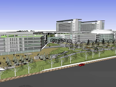 Modern Building Complex With Green Landscape Trees And Red Car On Road 3d model