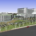 Modern Building Complex With Green Landscape Trees And Red Car On Road