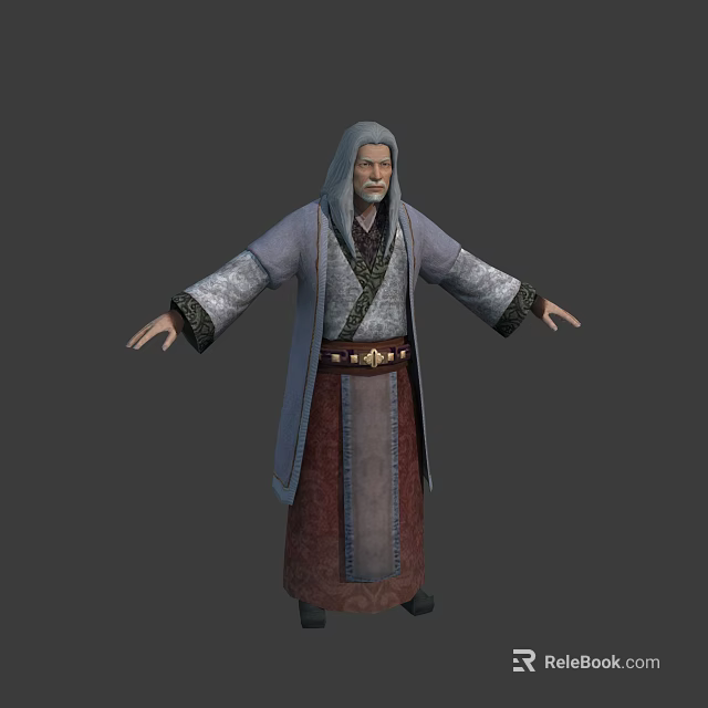 Elderly Male Character In Traditional Robe With Gray Hair Beard And Decorative Sleeves 3d model 