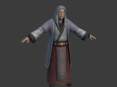 Elderly Male Character In Traditional Robe With Gray Hair Beard And Decorative Sleeves 3d model