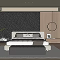 Modern Bedroom Interior With Textured Accent Wall Platform Bed Upholstered Bench And Round Mirror