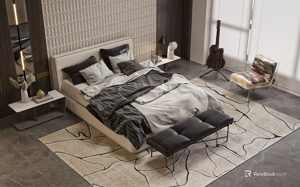 Modern Double Bed With Textured Wall Headboard Nightstand Rug Guitar Armchair And Blinds 3d model 