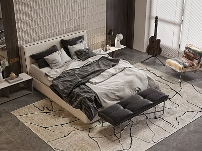Modern Double Bed With Textured Wall Headboard Nightstand Rug Guitar Armchair And Blinds 3d model
