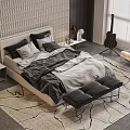 Modern Double Bed With Textured Wall Headboard Nightstand Rug Guitar Armchair And Blinds