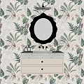Elegant Bathroom Washbasin With Golden Oval Mirror And Green Leaf Floral Wallpaper