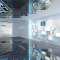 Futuristic Digital Space With Blue Grid Lines Reflective Floor And Central Structure