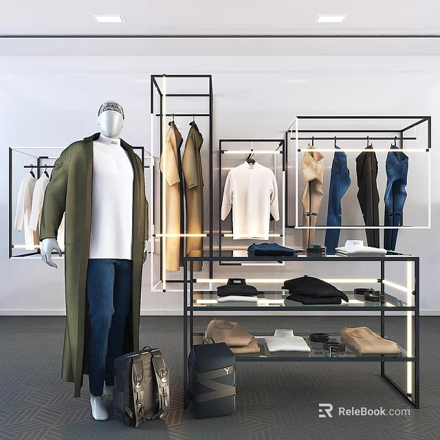 Retail Clothing Display Featuring Mannequin Coat Shirt and Pants on Hanging Racks 3d model 