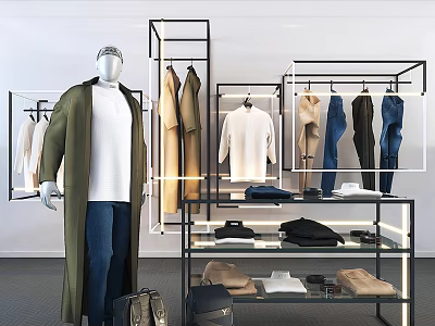 Retail Clothing Display Featuring Mannequin Coat Shirt and Pants on Hanging Racks 3d model